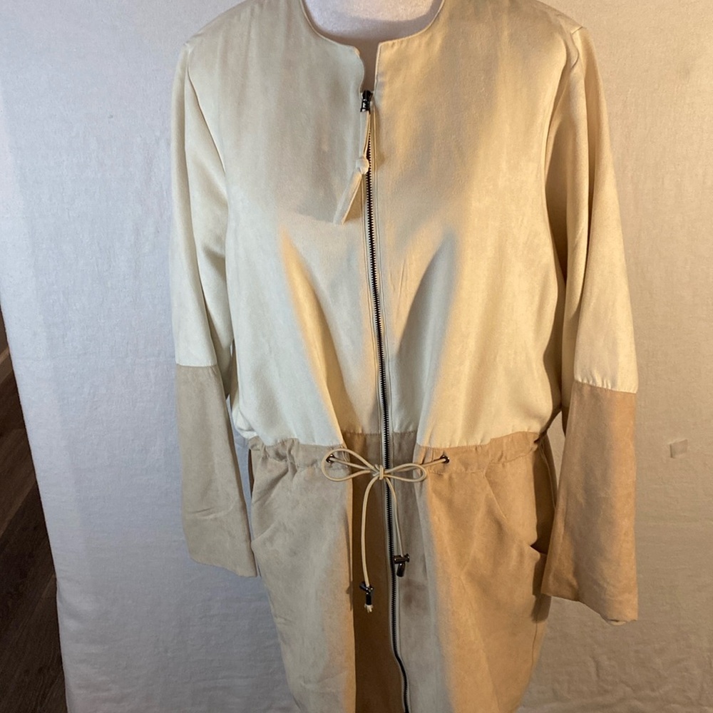 Coldwater Creek Faux Suede Tunic Mini Dress Cream Tan Zip Front Size M